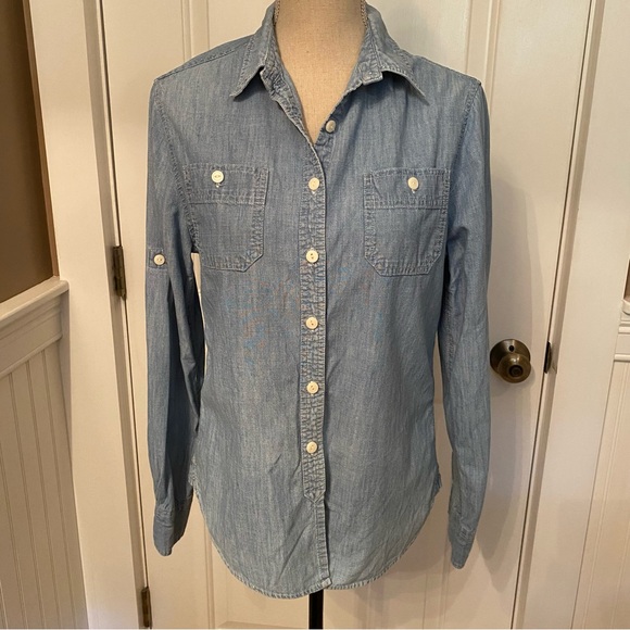 PER SE TOP CASUAL BUTTON DOWN BLOUSE BLUE COTTON DENIM LONG SLEEVE TABS SIZE S - Picture 1 of 13